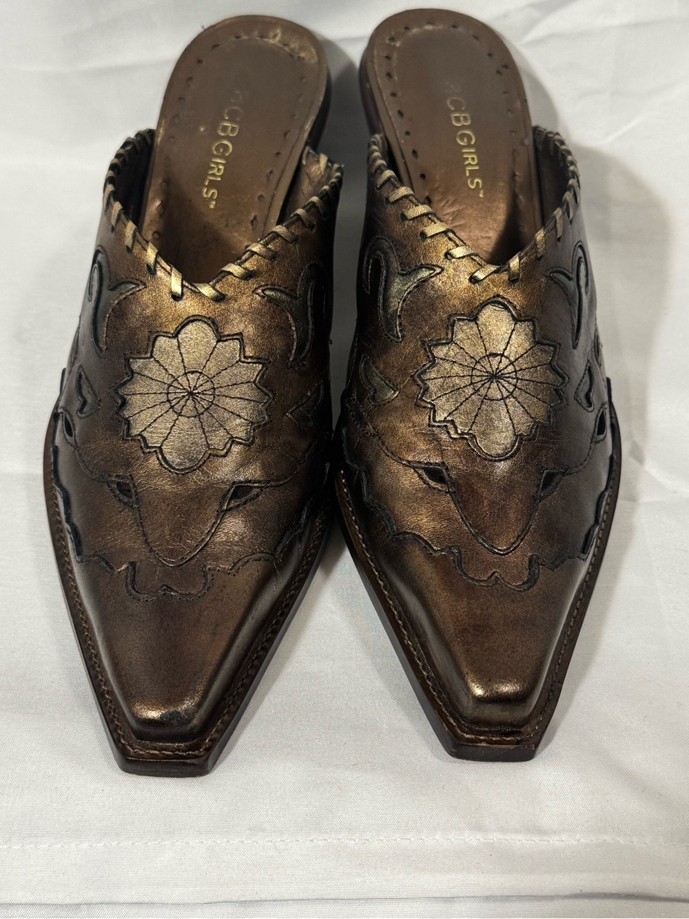 BCBGirls Bronze Metallic Leather Pointed-Toe Western Style Mules